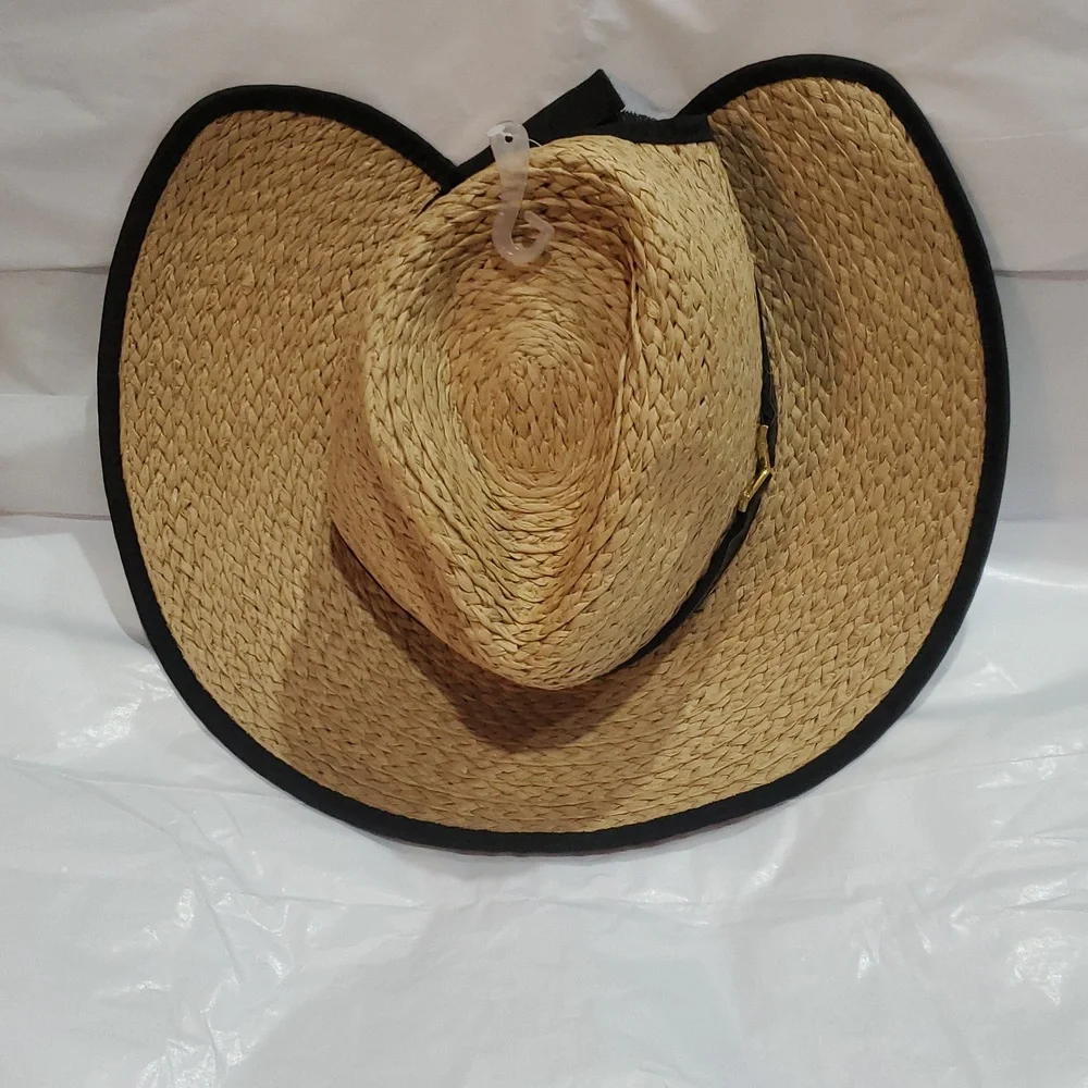 Vince Camuto tan and black ribbon trim straw fedora‎ summer UPF 50+ sun hat new